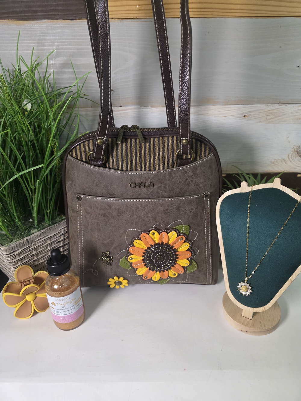 Chala Brown Floral Applique Shoulder Bag